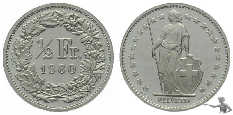 1/2 Franken 1980 | Prachtstück aus Kursmünzensatz !!!